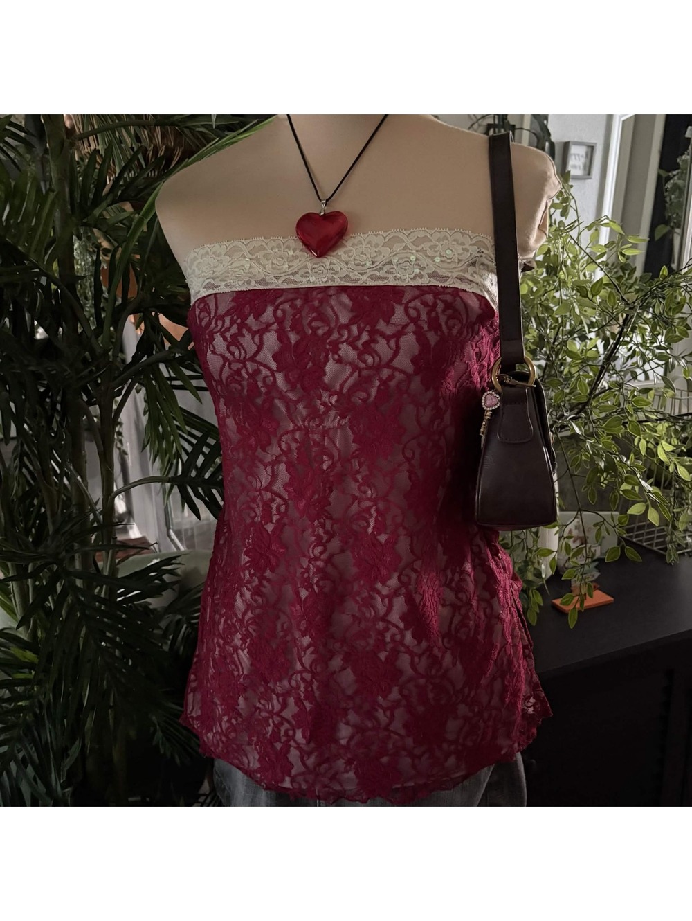 y2k burgundy floral lace tube top